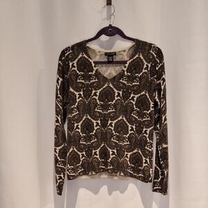 Daniel Bishop 100% Cashmere Brown Paisley Long Sleeve Vneck Sweater Size M